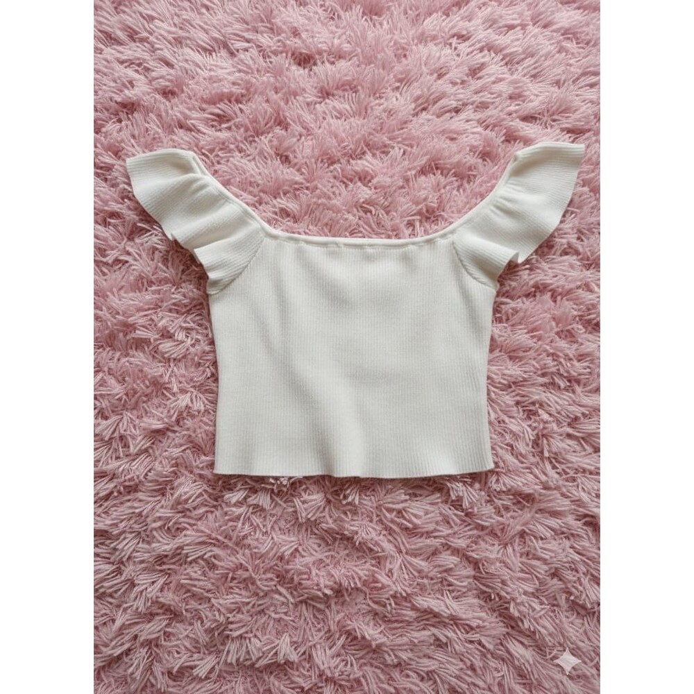 Forever 21 Off-the-Shoulder Ribbed Ruffle Crop Top - White - Picture 1 of 8
